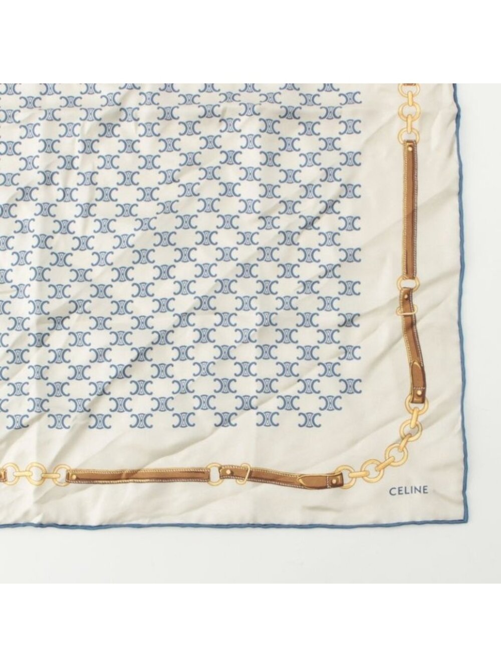 Celine Silk Triomphe Logo Chain Pattern Large Scarf Ivory Blue - Picture 5 of 9